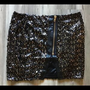 WET SEAL Black & Gold Sequin/Leather Mini Skirt